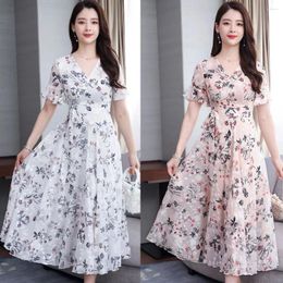 Casual Dresses 40# Summer Dress Women Korean V Neck Floral Print Short Sleeve Beach Elegant Sundress Holiday Ladies Vestidos