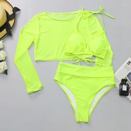 Women's Swimwear Women Swimsuit Sexy Long Sleeve High Waist Bikini 2024 Sheer Push Up Biquini Neon Three-pieces Set Bathing Suits