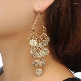 Dangle Earrings Gypsy Gold Color Hollow Leaf Coin Pendant For Women Metal Long Tassel Drop Pendientes 6643