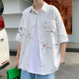 Men's Casual Shirts Summer Turn-down Collar Fashion Half Sleeve Shirt Man High Street Printing Button Cardigan Pockets Patchwork Y2K Tops