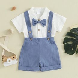 Fashion Summer Baby Boy Clothes Toddler Gentleman Outfits Short Sleeves Romper with Bow Tie Overalls Shorts Set for Formal Wear 240515