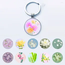 Keychains A Variety Of Plant Round Glass Flowers Fruit Tree Pattern Key Chains Metal Base Jewellery Can Be Given To Friends FHL736