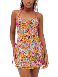 Casual Dresses Women Mini Bodycon Dress Floral Print Spaghetti Strap Cross Tie-Up Backless Cami Summer Party