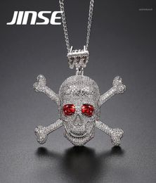JINSE Full Rhinestone Punk Red CZ Stone Skeleton Skull Pendants Necklaces for Men Gold Color Hip Hop Jewelry Gift Rope Chain19239636