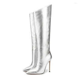 Boots 2024 European And American Style Silver High Heeled Women's Thin Pointed Toe With Zipper Knee Leather
