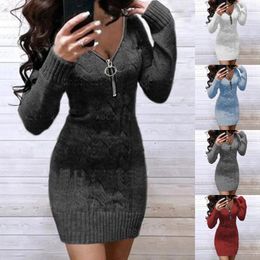 Casual Dresses Dress Women Winter Warm 2024 Zipper V-neck Knitting Sweaters Europe United States Long Solid Colour Knit Sweater Mini
