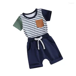 Clothing Sets Toddler Baby Boy Summer Clothes Stripe Colour Block Patchwork Short Sleeve T-Shirt Elastic Waist Shorts Set