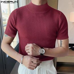 Men's T Shirts Casual Simple Style Tops INCERUN Men Knitting Pit Strip Camiseta Stylish Solid Half High Collar Short Sleeve T-shirts S-5XL