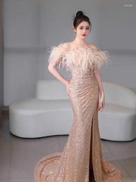 Party Dresses Feather Champagne Gold Prom Strapless Side Split Backless Mermaid Sequins Sleeveless Woman Celebrity Gowns 2024