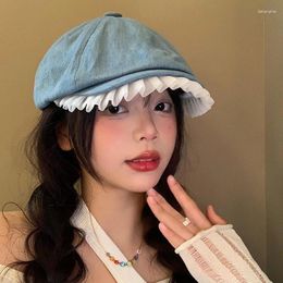 Berets Ins Sweet Lace Trimmed Caps For Women Spring And Summer Japanese Retro Show Face Small Versatile Denim Painter Hats
