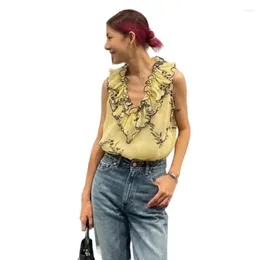 Women's Blouses Summer 2024 Women Clothing Design Sense Yellow Ruffled Print V-Neck Sleeveless Tank Top Unique Vest Fashion Female Shirt