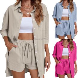 Women's Tracksuits Women Cotton Linen Shorts 2 Piece Set Short Sleeve Single-Breasted Top Broad-Legged Suits 2024 Summer Female Outfits