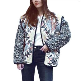 Women's Trench Coats Vintage Floral Print Women Jacket Winter Cotton Padded Jackets Female Fashion Open Front Quilted Coat Outerwear