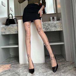 3PCS Women Sexy Tights with Patterned Tattoos Pantyhose Inscriptions Flower Letter Ladies Thin Long Black Stockings