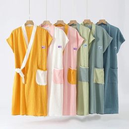 Home Clothing Spring Summer Women Men Simple Jacquard Robe Couples Sleep Dress Crepe Cotton Bathrobe Girls Short Sleeve Kimono