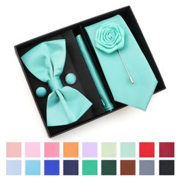 Blue Pink Tie Set With Box Polyester Necktie Bowtie Cufflink Brooch For Groom Suit Wedding Cravat Shirt Accessory Gift 240522