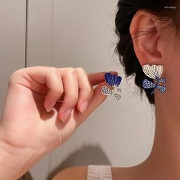 Stud Earrings Fun Asymmetrical Flower Lines Silver Needle Hong Kong Style Blue Drop Oil Irregular And Fresh Spray Painted