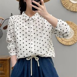 Women's Blouses Women Dot Print Shirts Double Cotton Yarn White Long Sleeve Lady Tops Female Clothes