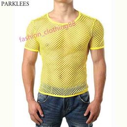 Yellow Mesh See Through Tshirt Men Sexy Short Sleeve Fishnet Transparent Tee Shirt Homme Hip Hop Streetwear Tops Tees 210714