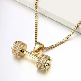 Pendant Necklaces Luxury Gold Ice Water Diamond Barbell Pendant Necklace Mens Long Chain Necklace Dumbbell Hip Hop Jewelry d240522