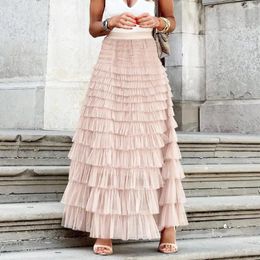 Skirts Elegant Fairy Tulle Tiered Skirt A Line Maxi For Women Elastic High Waist Mesh Ruffle Layered Long Streewear