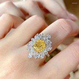 Cluster Rings Real Solid 925 Silver Wedding For Women Luxury Princess-cut 4ct Yellow Topaz Engagement Ring Pure Fine Jewelry