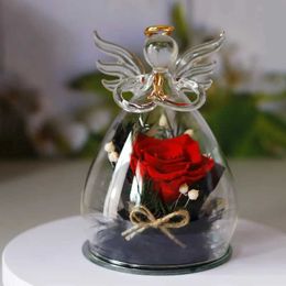 Decorative Objects Figurines Preserve Rose Angel Glass Cover for Women Eternal Flower Wedding Valentines Day Love Gift H240521 AJU6