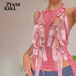 Women's Tanks PixieKiki Pink Hollow Sleeveless Backless Bows Tank Top Festival Outfit Y2k Cute Summer Tops Women Coquette Accessories