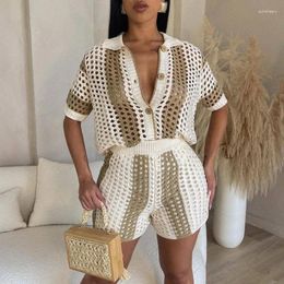 Women's Tracksuits Striped Knitted Summer Clothes For Women 2 Piece Set Vacation Hollow Out Shirt Style Top And Shorts Beach Wear Holiday