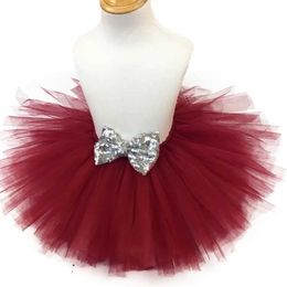 Skirts Girls Burgundy Tutu Skirts Kids Ballet Dance Tulle Pettiskirts Underskirt with Silver Sequin Bow Children Party Costume Skirts Y240522