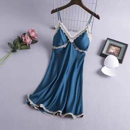 Women's Sleepwear Sexy Suspender Nightdress Summer Thin Section With Chest Pad Ice Silk Lace Temptation Nightgown Dress Home Service