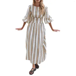 Casual Dresses Women's Bohemian Midi Swing Dress Striped Lantern Y2k Plaid Sleeve Open Back Tie Waist A-Line Ruffle Party Club