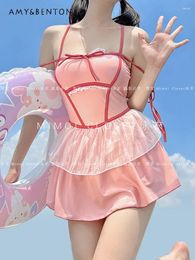 Women's Swimwear 2024 Summer Pink Sling Sexy One Piece Swimsuit Japanese Sweet Cute Bow Patchwork Swimming Suit For Women Girl