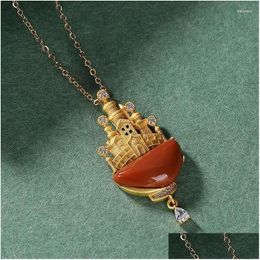 Other Pendants Sier Natural South Red Jasper Castle Pendant Necklace With Unique Ancient Gold Craft Light Luxury Noble Womens Drop Del Dh87D