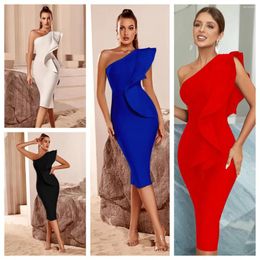 Casual Dresses 2024 Summer Evening Midi Wedding Party Dress Women Sexy One Shoulder Sleeveless Black Ruffles Night Club Bodycon Vestidos