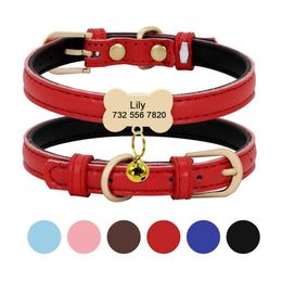 Dog Collars Leashes Puppy Personalised ID Collar Pu Leather Dogs Cat Name Necklace With Custom Engraved Tag Plate Free Bell Gift H240522