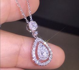 925 Sterling Silver Fill Drop Water White Topaz Pear CZ Diamond Women Pendant Chain Necklace