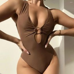 Women's Swimwear Sexy Brown One Piece Swimsuit Female 2024 Back Cross Bandage Deep V Neck Cut Out Bathing Swimming Suit For Women Bather