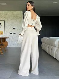 Women's Two Piece Pants 3d Flower High Waist Wide Leg Set For Women Chic V Neck Flare Sleeve Crop Top Suits Female Fashion Streetwear