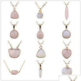 Pendant Necklaces 12Styles Natural Stone Pink Rose Quartz Opal Heart Round Shape Necklace For Women Jewelry Drop Delivery Pendants Dhhlp