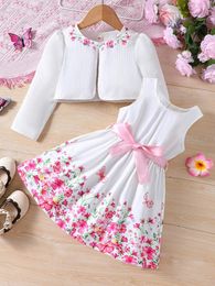 Clothing Sets 2024 Girls Spring/Summer Product Two Piece Sweet Flower Dress Cardigan Small Coat For Children And 2-6 Years Old