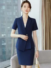 Two Piece Dress Summer Elegant Suit Women's Blue Short Sleeve Single Button Office Ruffles Blazer Tops And High Waist Mini Skirt 2-piece Set