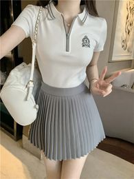 Fashion Tennis Wear Outfits White 2 Piece Dress Sets Short Sleeve White T Shirt Top Pleated Mini Skirt 2pc Student Girl Suits 240522