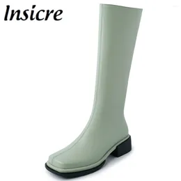 Boots Insicre Arrival Women Knee High Light Green Quality Leather Thick Heels Fashion Square Toe Zipper Party Shoes