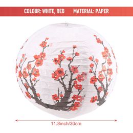 6 Pack 12Inch Red Cherry Flowers Paper Lantern White Round Chinese Japanese Paper Lamp For Home Wedding Party Decoration