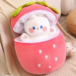 Plush Dolls 30-80cm plush toy filled with soft rabbit and pig hidden in strawberry bag creative fruit animal pillow toy gift H240521 4RJG