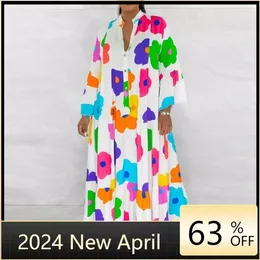Ethnic Clothing 2024 Spring Arrival African Women Long Sleeve V-neck Print Maxi Dress Dashiki Dresses For Outfits Gowns