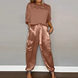 Women's Two Piece Pants Women Smooth Satin Half Sleeve Top And Set Casual Summer Pajama Solid Color Party Glossy Outfits