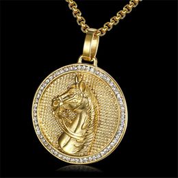 Jockey Club Pendant 14K Gold Horse Head Men Necklace Iced Out Rhinestones Hip Hop Unisex Jewelry