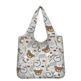 Shopping Bags HYCOOL Cute Bear Print Large Fashion Pocket Reusable Bag Foldable Handbag Women's Shoulder Tote